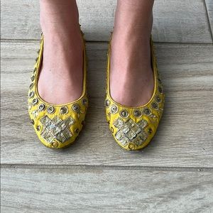 Anthropologie Linen, sequins, beaded ballet flats